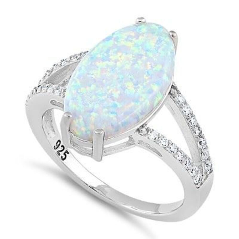 New Sterling Silver Marquise White Lab Opal Ring